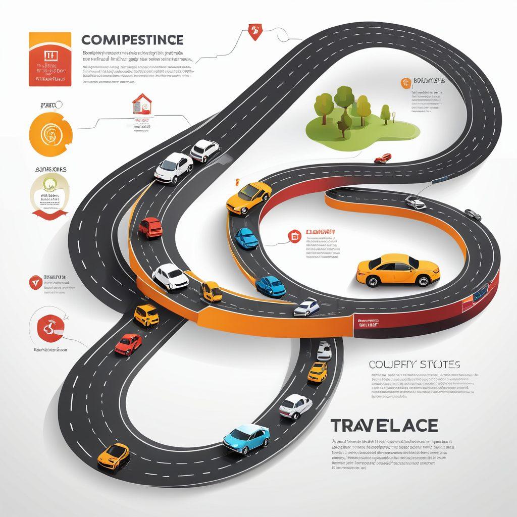 A detailed infographic showcasing various auto coverage types, including liability insurance, roadside assistance, and collision coverage. Incorporate clear icons for each coverage type, a road winding through the backdrop, and a car on the side highlighting assistance features. Use engaging colors and a modern layout to convey information succinctly. vector art. vibrant colors. clean white background.