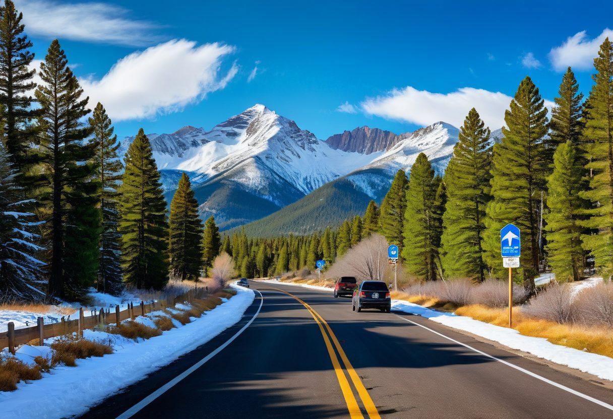 A serene Colorado landscape featuring the Rocky Mountains in the background, with a diverse range of cars parked along a winding road; a road sign with 'DMV' highlighted, and icons of car insurance symbols floating in the air. Incorporate a clear blue sky and vibrant green trees to emphasize tranquility and safety. super-realistic. vibrant colors. scenic background.