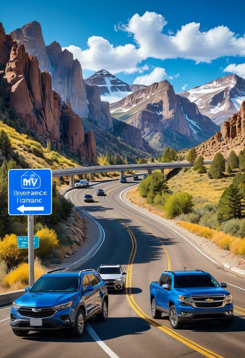 A scenic Colorado landscape featuring a highway with various vehicles like SUVs and sedans, displaying a road sign for 'DMV Fees' alongside a checklist of vehicle insurance tips. Include a serene mountain backdrop and a bright blue sky to signify clarity in decision-making. Illustrate a diverse group of people interacting with a digital device for information. super-realistic. vibrant colors. 3D.